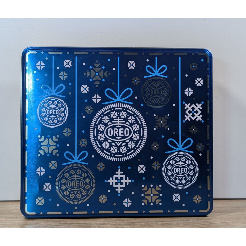 Oreo Collectible Blue Metal Tin Holiday Ornament Design Empty Cookie Box